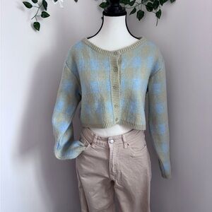 OAK + FORT Women's Long Sleeve Cardigan Sweater - Green, blue Plaid, Cropped